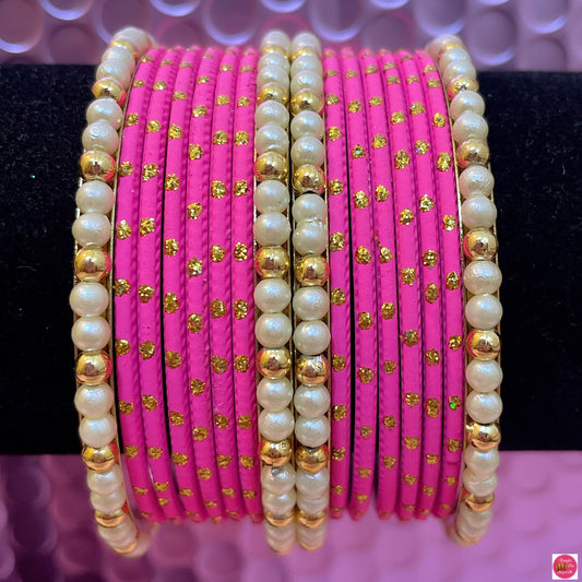 Pearl Metal Bangles Set- Pink