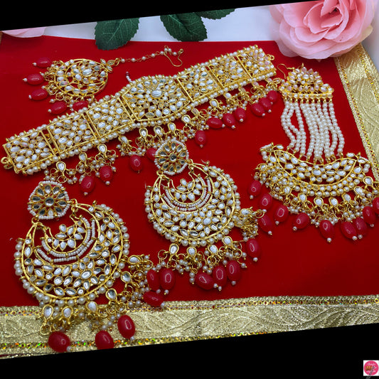 Kundan Gold Pearl Choker, Earings, Maang Tikka & Paasha Set- Ruby Red