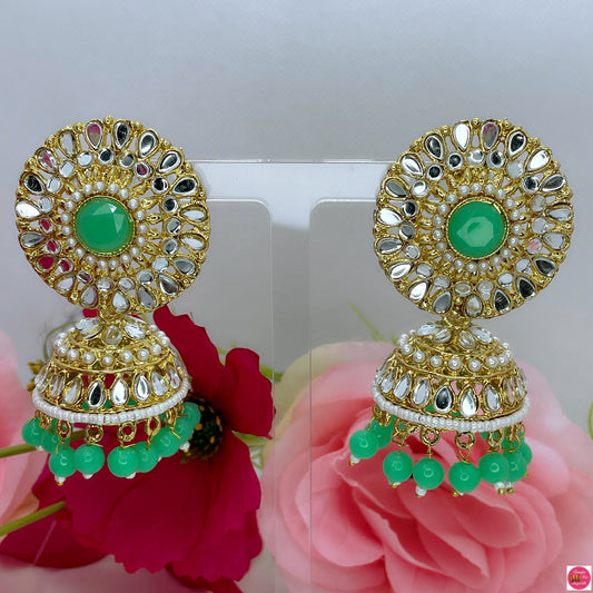 Madhubala Kundan Jhumkas- Mint Green