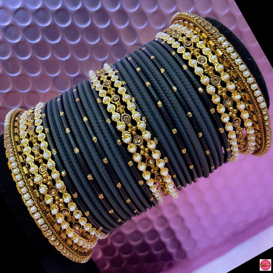 Pearl & Gold Metal Bangles Set- Black