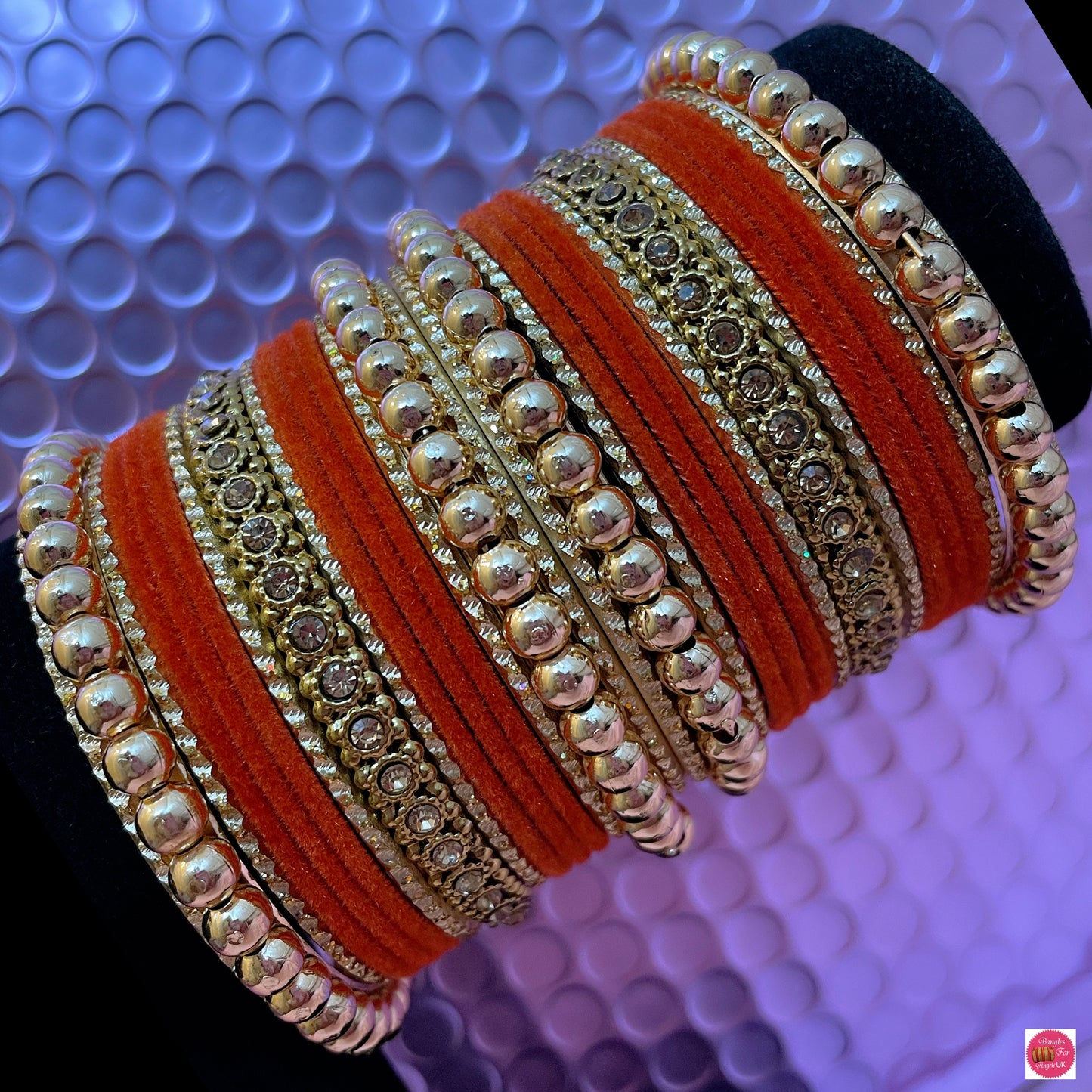 Gold Velvet Orange Metal Bangles Set