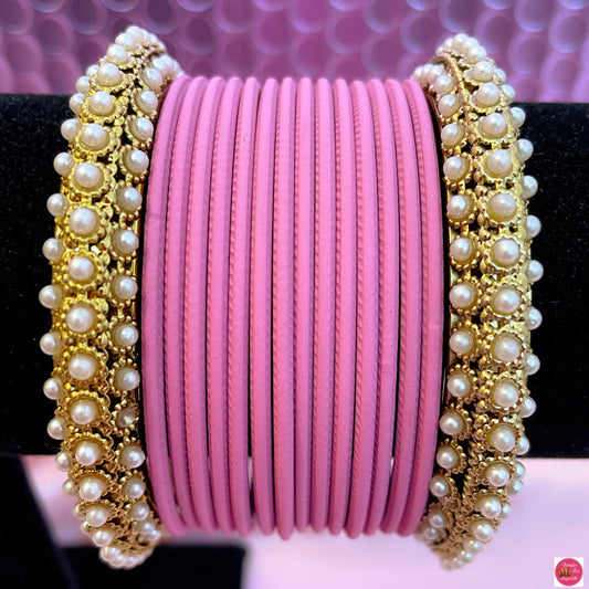 Pearl Metal Bangle Set- Pink