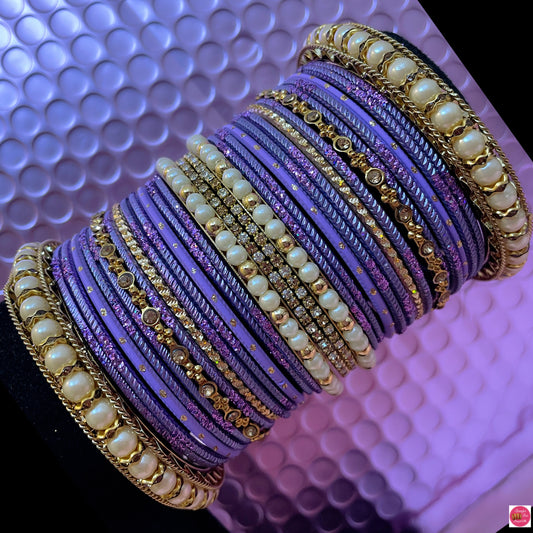 Pearl Zirconia Metal Bangles Set- Lilac/Lavender/Purple