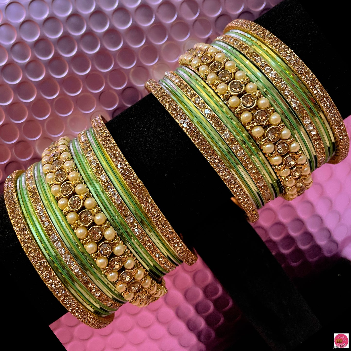 Pearl Zirconia Metal Bangles Set- Mint Green/Pista