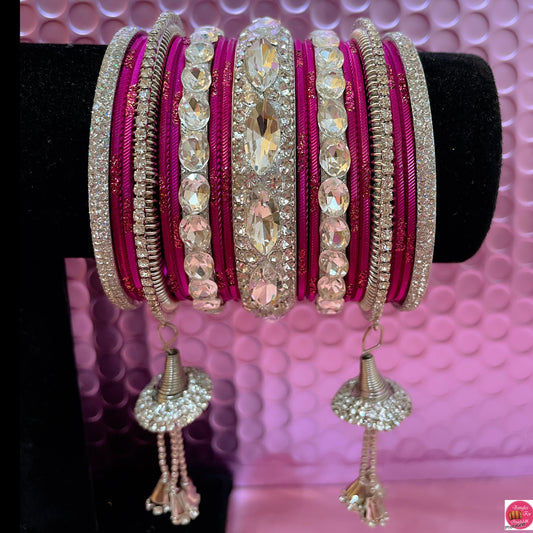 Silver Zirconia Hangings Metal Bangles Set- Berry Pink