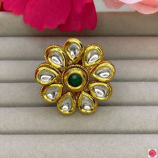 Kundan Flower Adjustable Cocktail Ring- Green