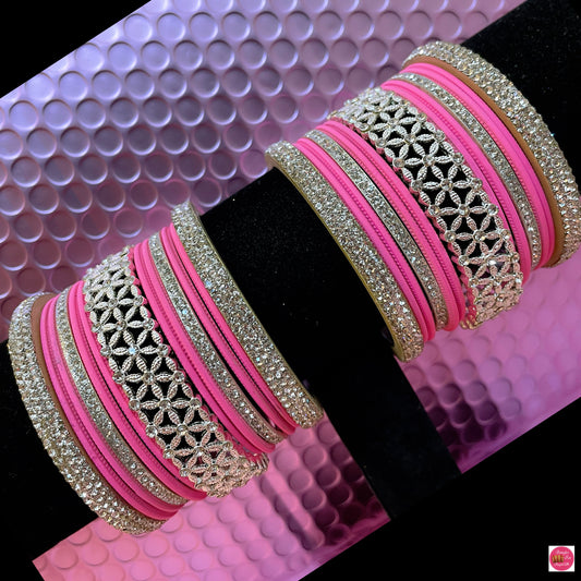 Silver Zirconia Metal Bangles Set- Light Pink