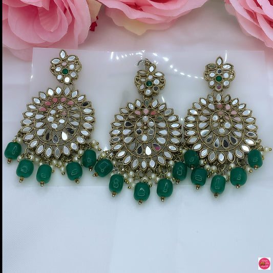 Mirror & Pearl Maang Tikka & Earings Set- Green