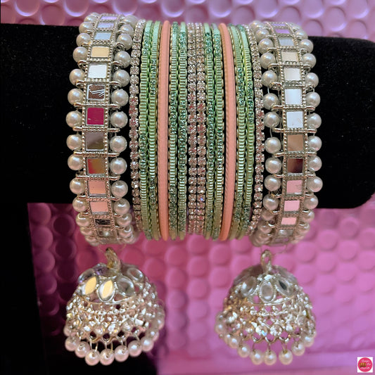 Silver Polki Pearl Hanging Metal Bangles Set- Peach/Mint Green