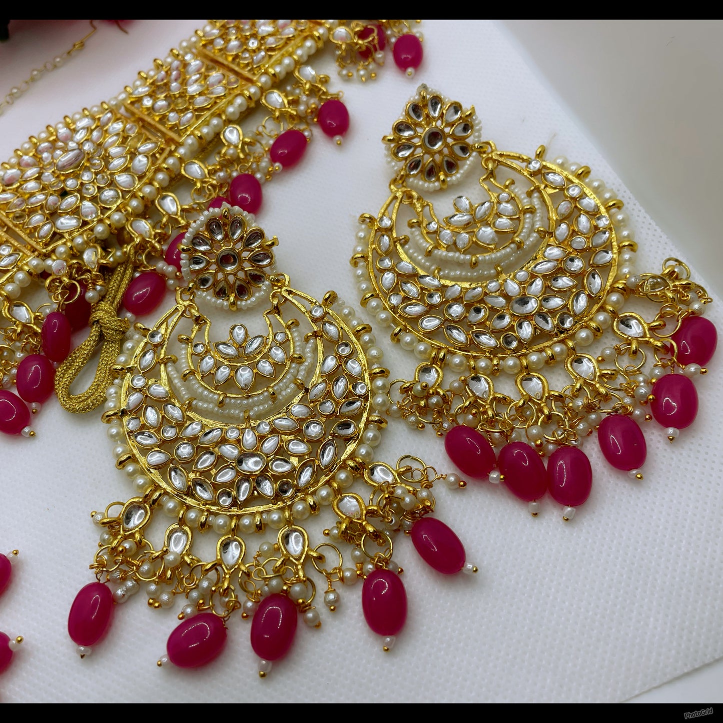 Kundan Choker/Necklace Earings Maang Tikka Paasha Set- Hot Pink