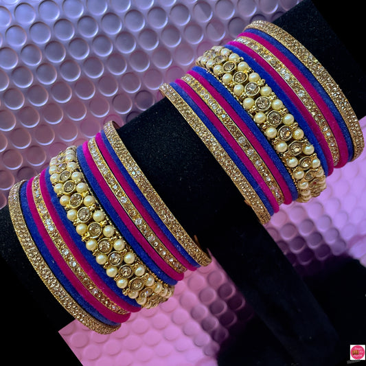 Pearl Zirconia Metal Bangles Set- Velvet Blue/Hot Pink