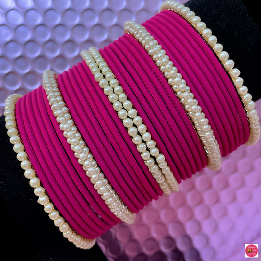 Hot Pink & White Pearl Metal Bangles Set