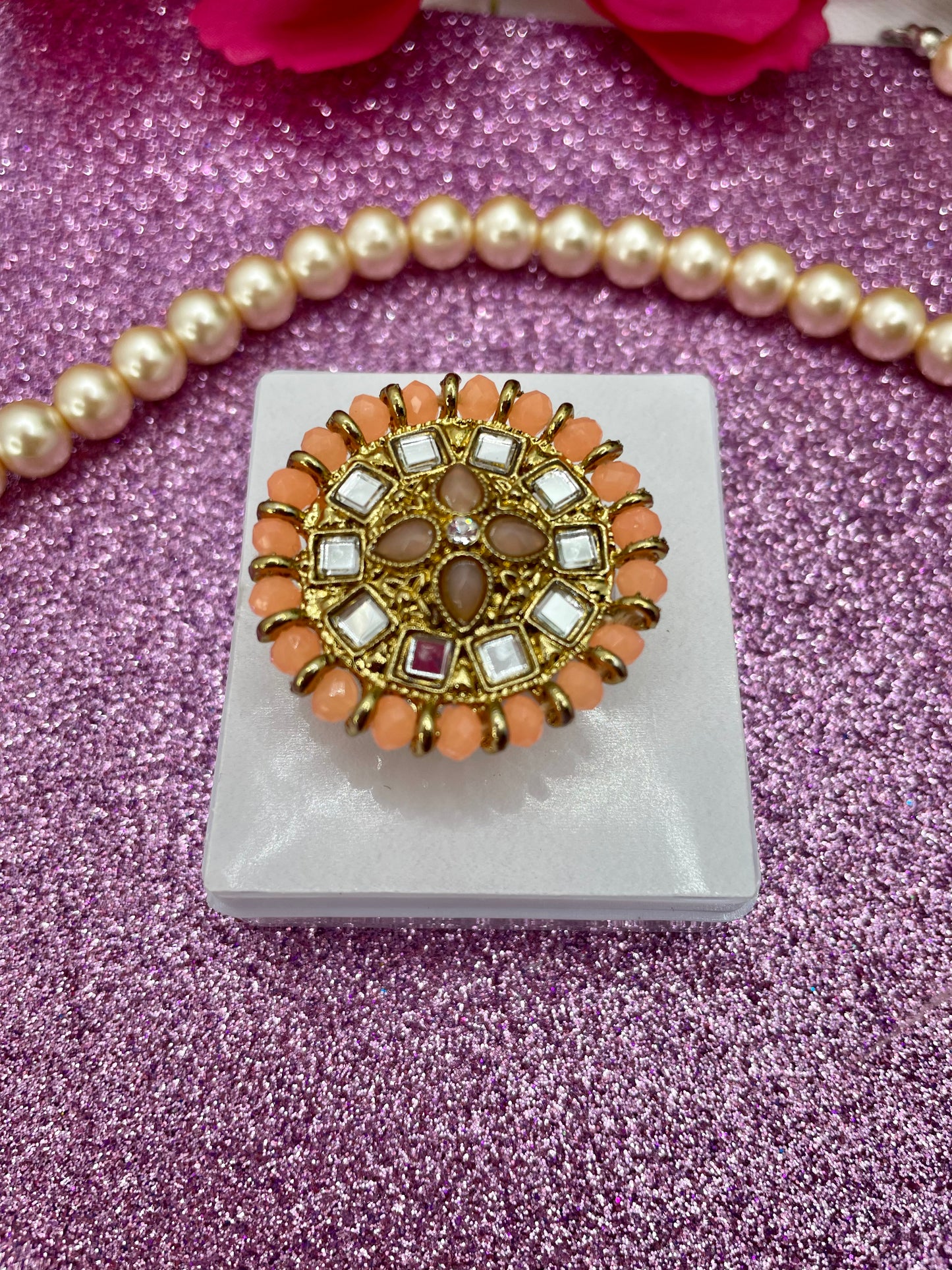 Kundan Adjustable Statement Ring- Peach