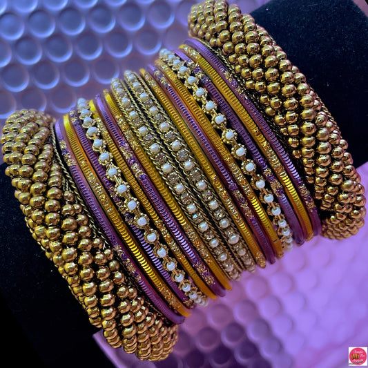 Gold Pearl Metal Bangles Set- Mustard Yellow/Purple