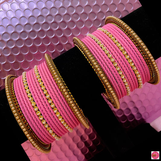 Pearl Metal Bangle Set- Baby Pink