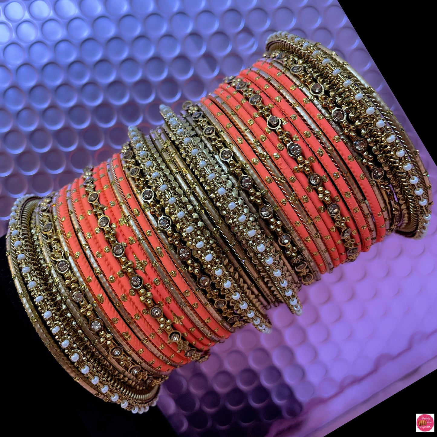 Gold & Coral Metal Bangles Set