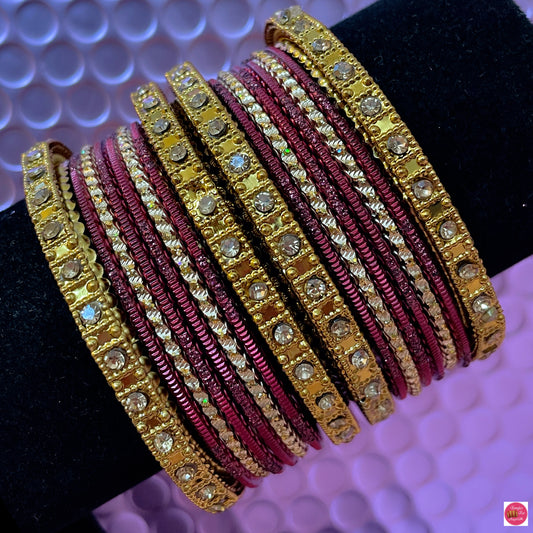 Gold Metal Bangles Set- Maroon