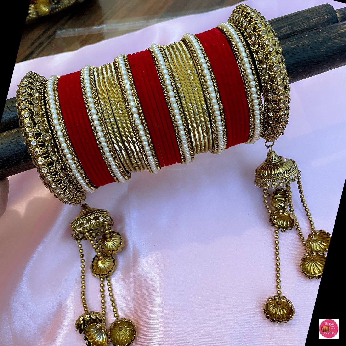 Red & Gold Hanging Velvet Pearl Metal Bangles Set