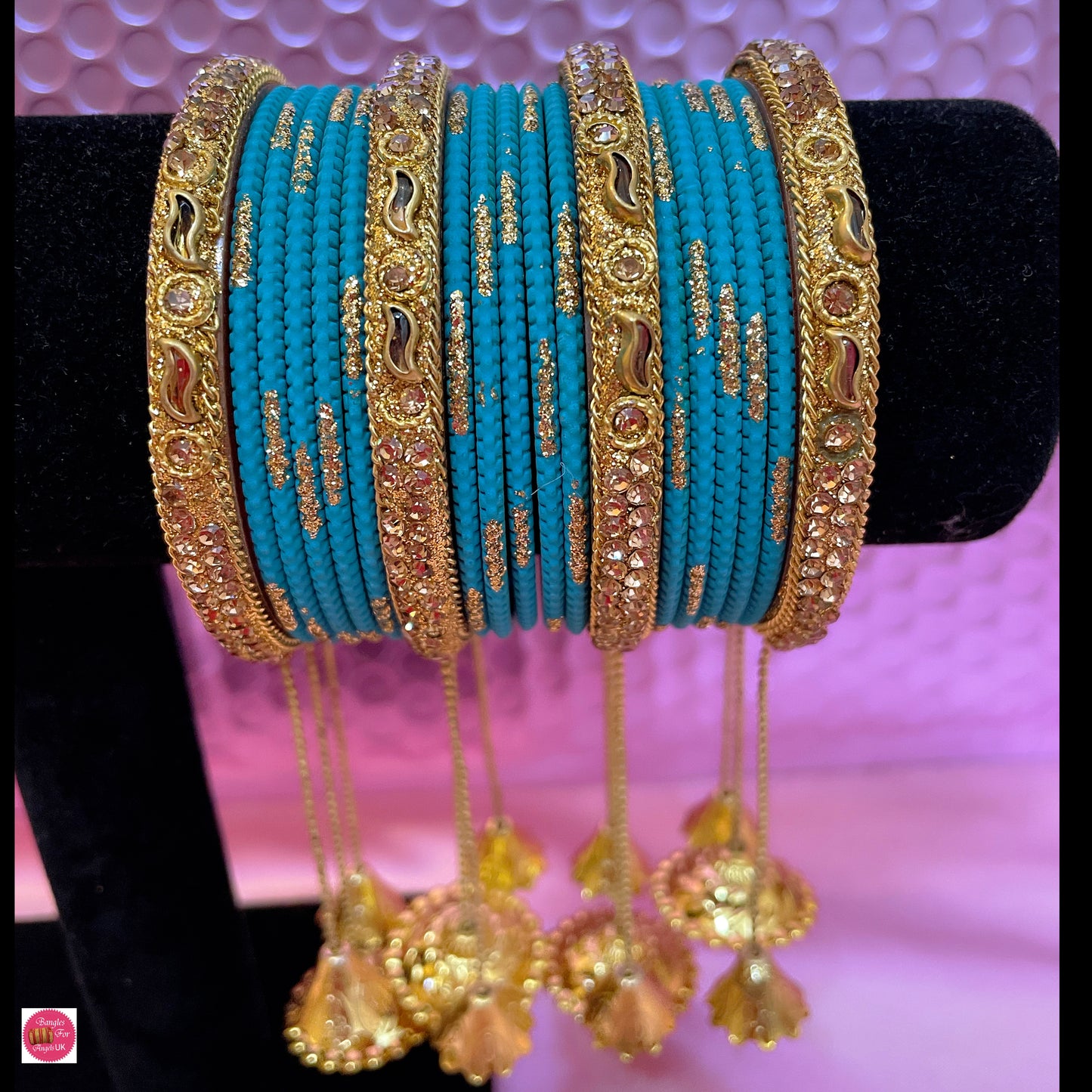 Gold Hanging Metal Bangle Set- Sky Blue