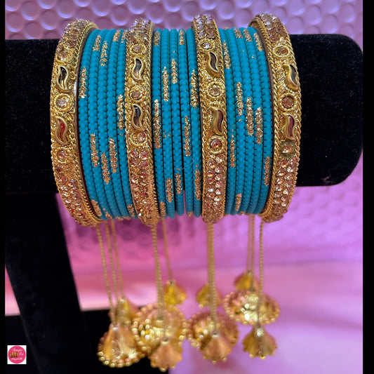 Gold Hanging Metal Bangle Set- Sky Blue