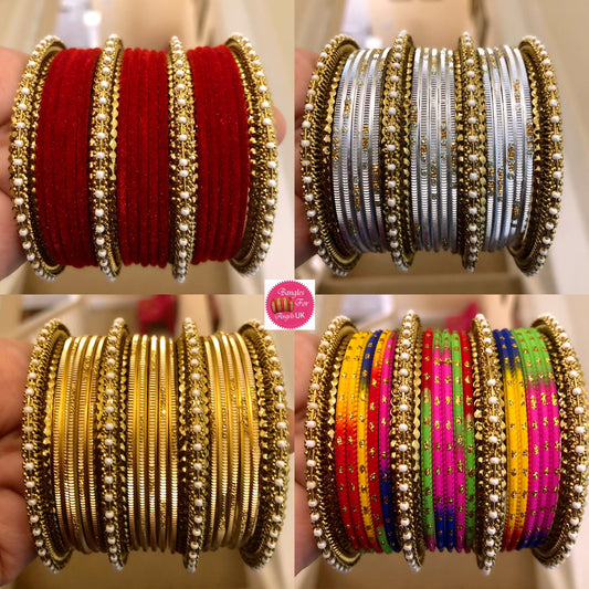 Pearl & Gold Metal Bangle Sets- Multiple Colours
