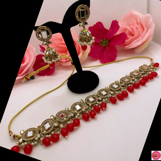 Mirror Pearl Choker Earings Set- Red