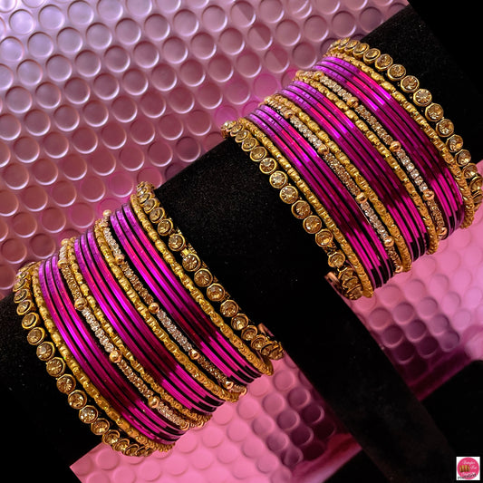 Gold Zirconia Metal Bangles Set- Plum Purple