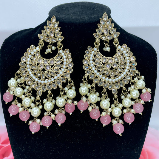 Kundan & White Pearl Statement Earings- Pink