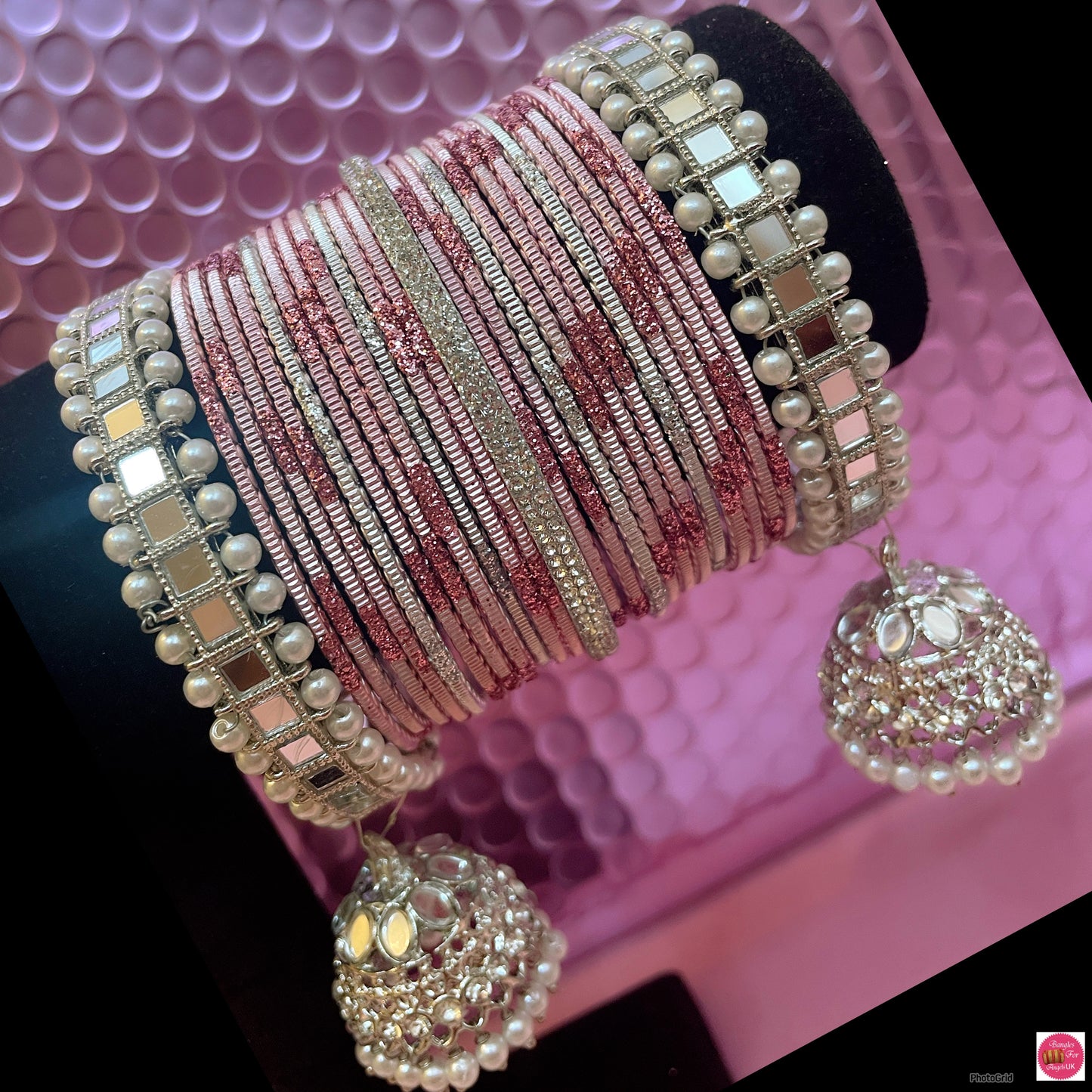 Silver Polki Pearl Hanging Metal Bangles Set- Pink