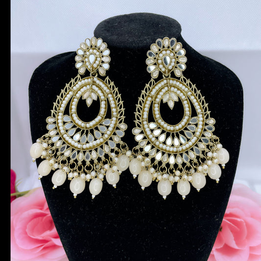 Bollywood Kundan White Pearl Long Statement Earings