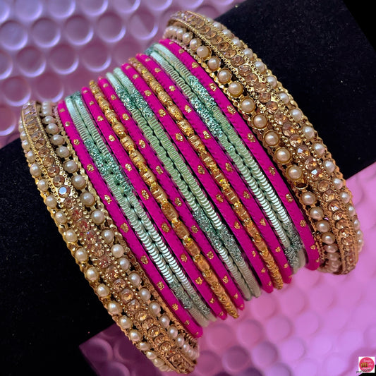 Pearl Gold Metal Bangles Set- Hot Pink/Mint Green