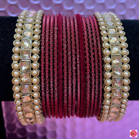 Kundan/Pearl Velvet Metal Bangles Set- Maroon