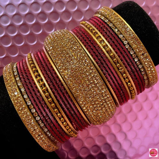 Gold Zirconia Metal Bangles Set- Maroon