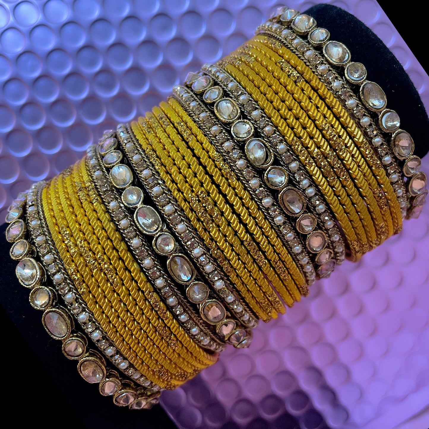 Kundan Metal Bangles Set- Mustard Yellow