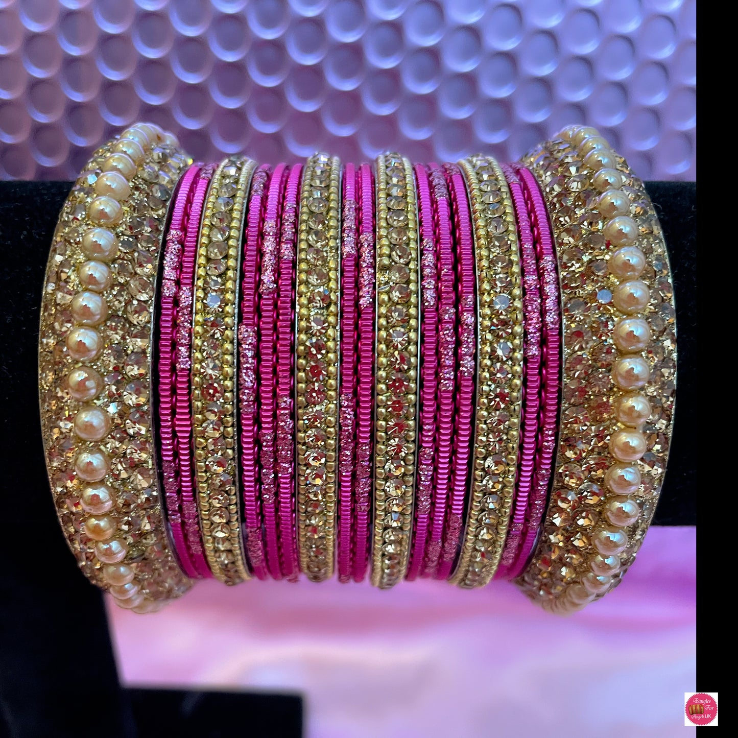 Gold Metal Bangle Set- Pink