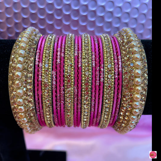 Gold Metal Bangle Set- Pink