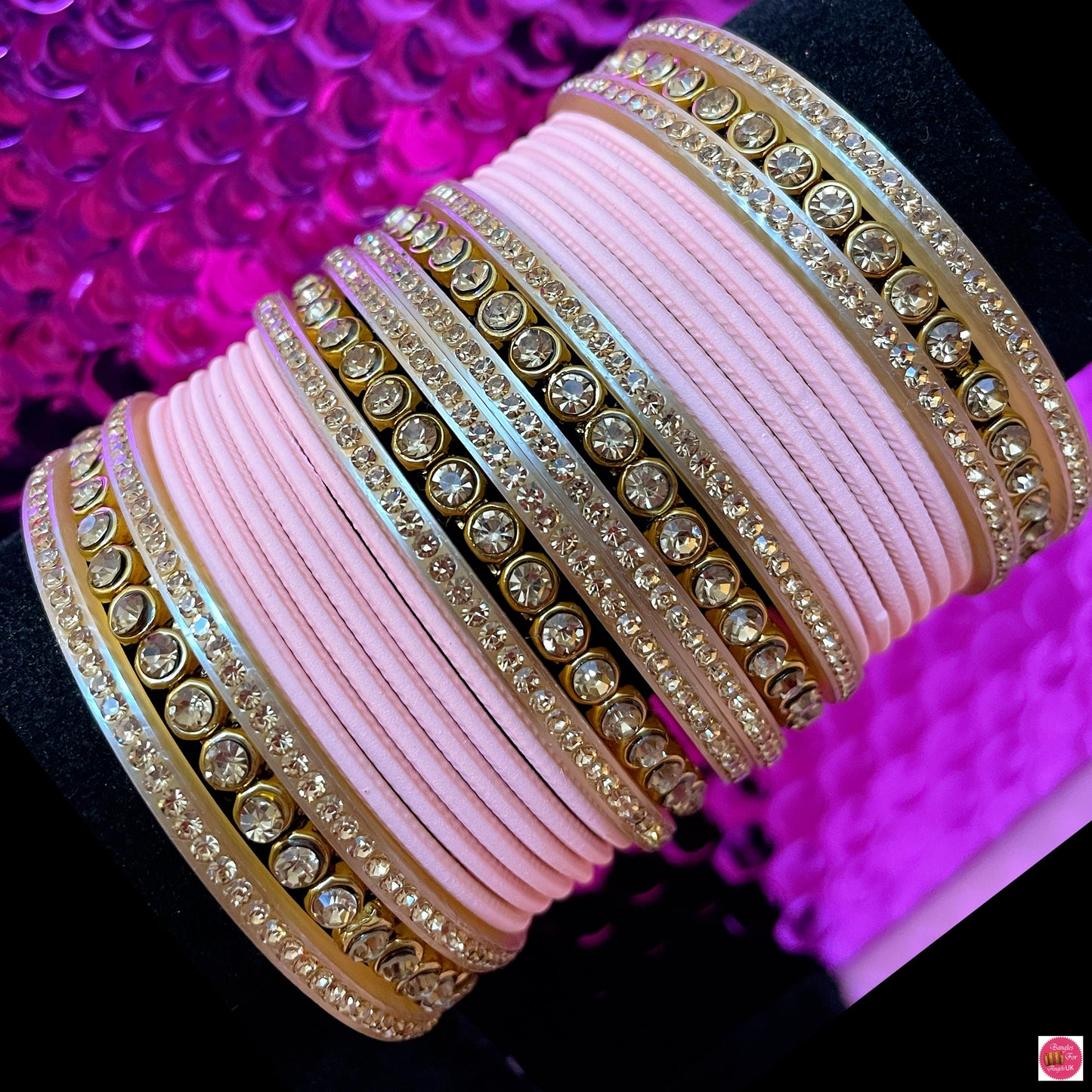 Gold Zirconia Metal Bangles Set- Light Pink/Peachy