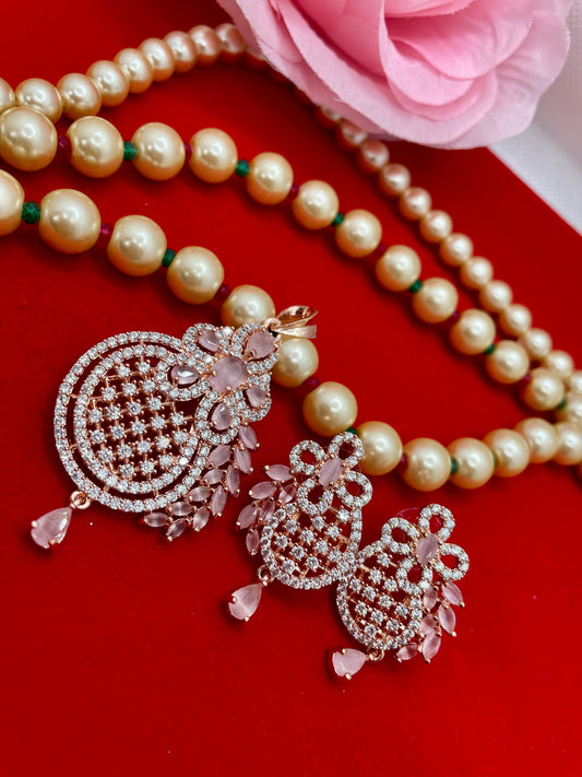 American Diamond Earings Pendant Set- Rose Gold/Blush Pink