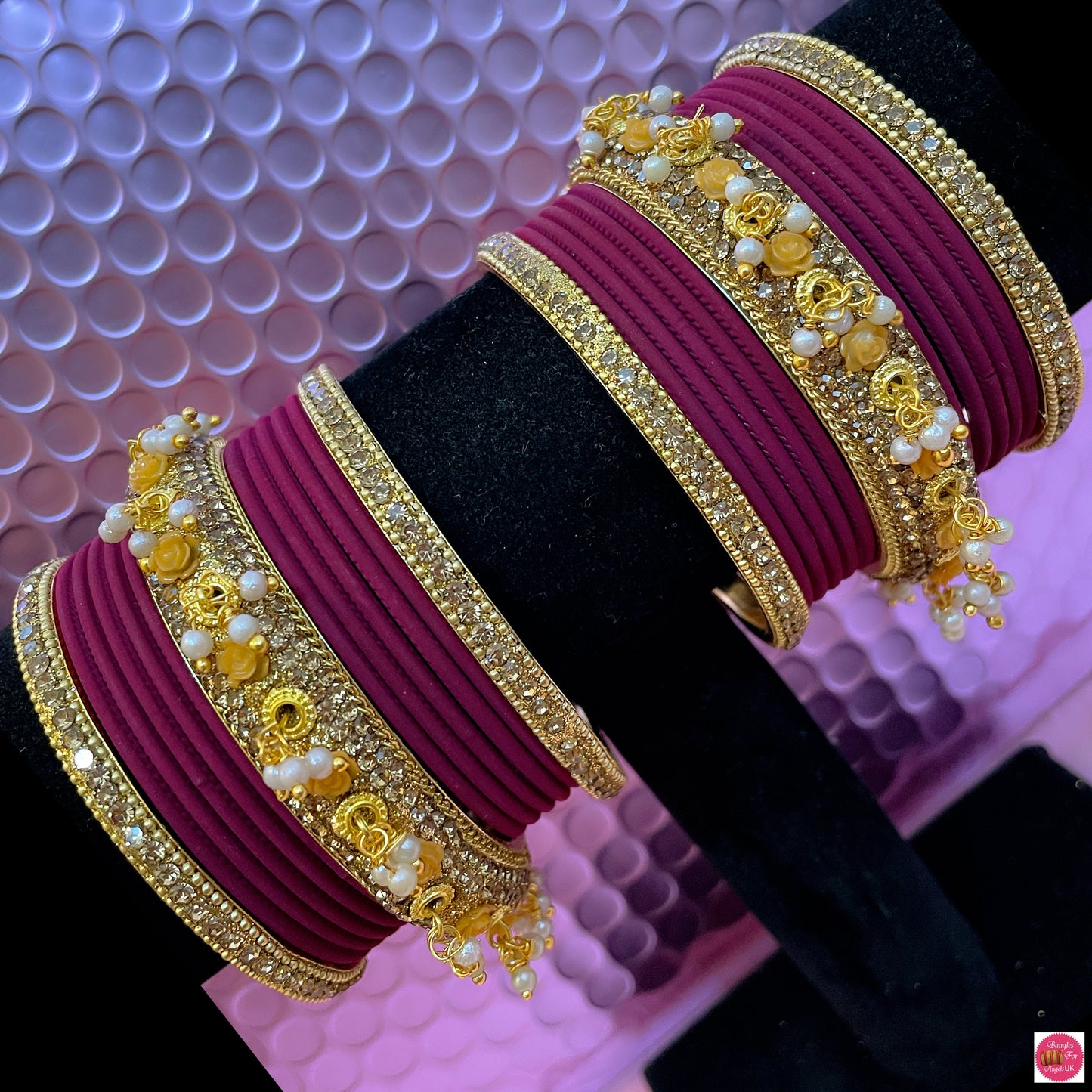 Gold Pearl Metal Bangles Set- Wine