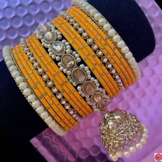 Polki Pearl Metal Bangles Set- Turmeric Yellow