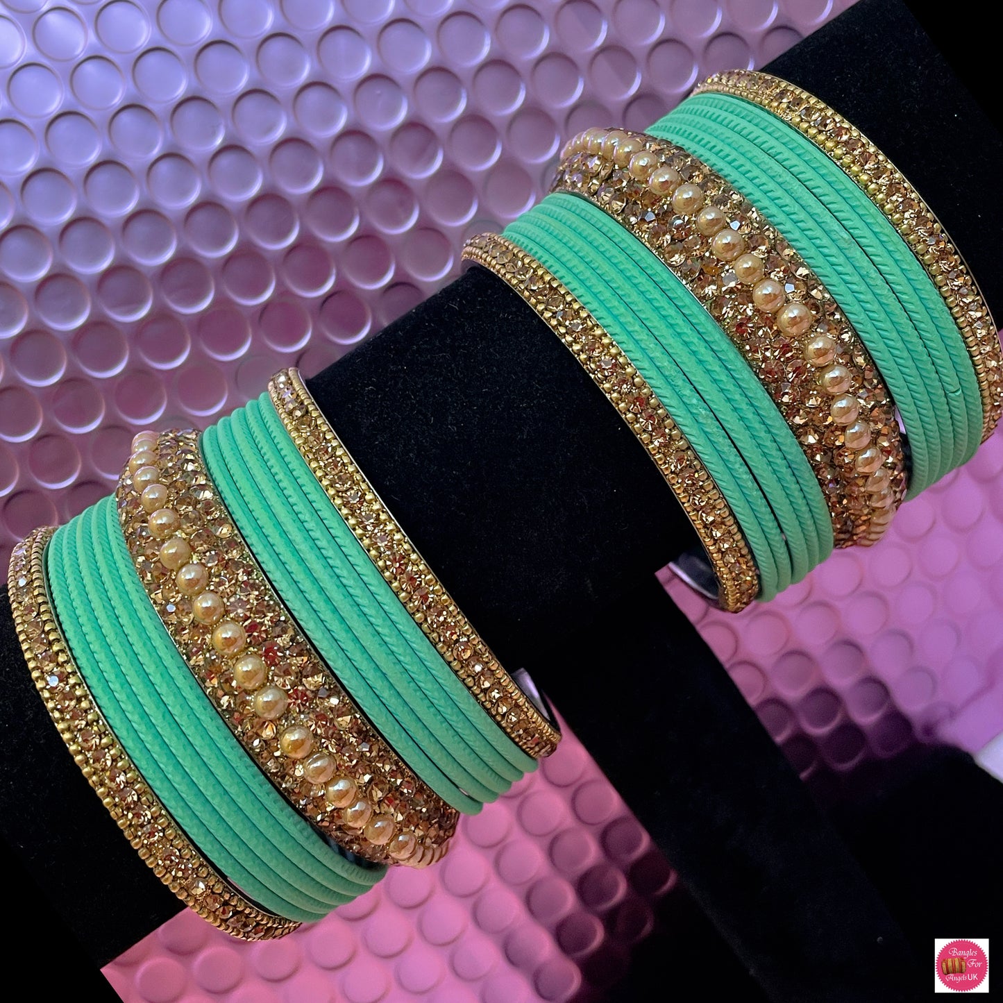 Gold & Mint Green Metal Bangles Set