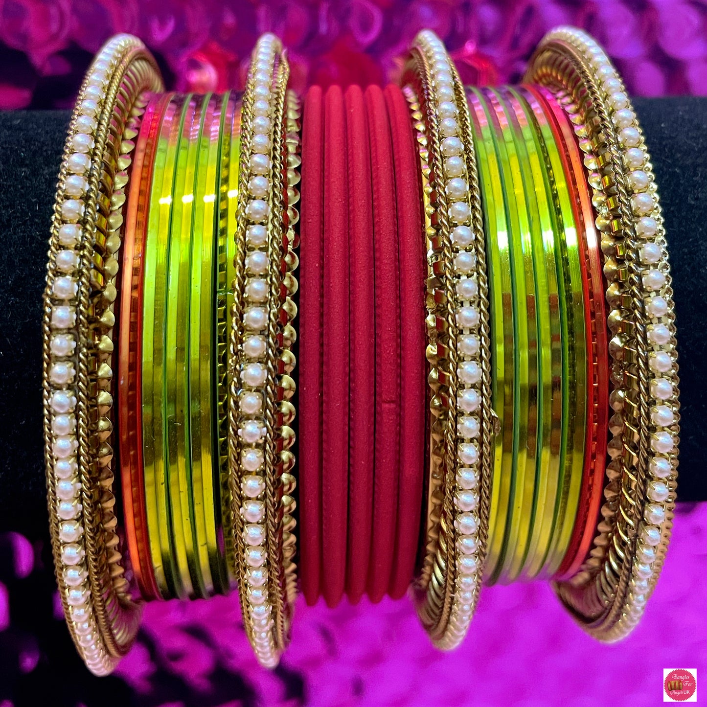 Pearl Metal Bangles Set- Red/Lime Green