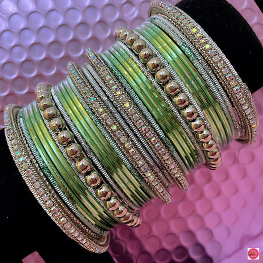 Silver Metal Bangles Set- Mint Green