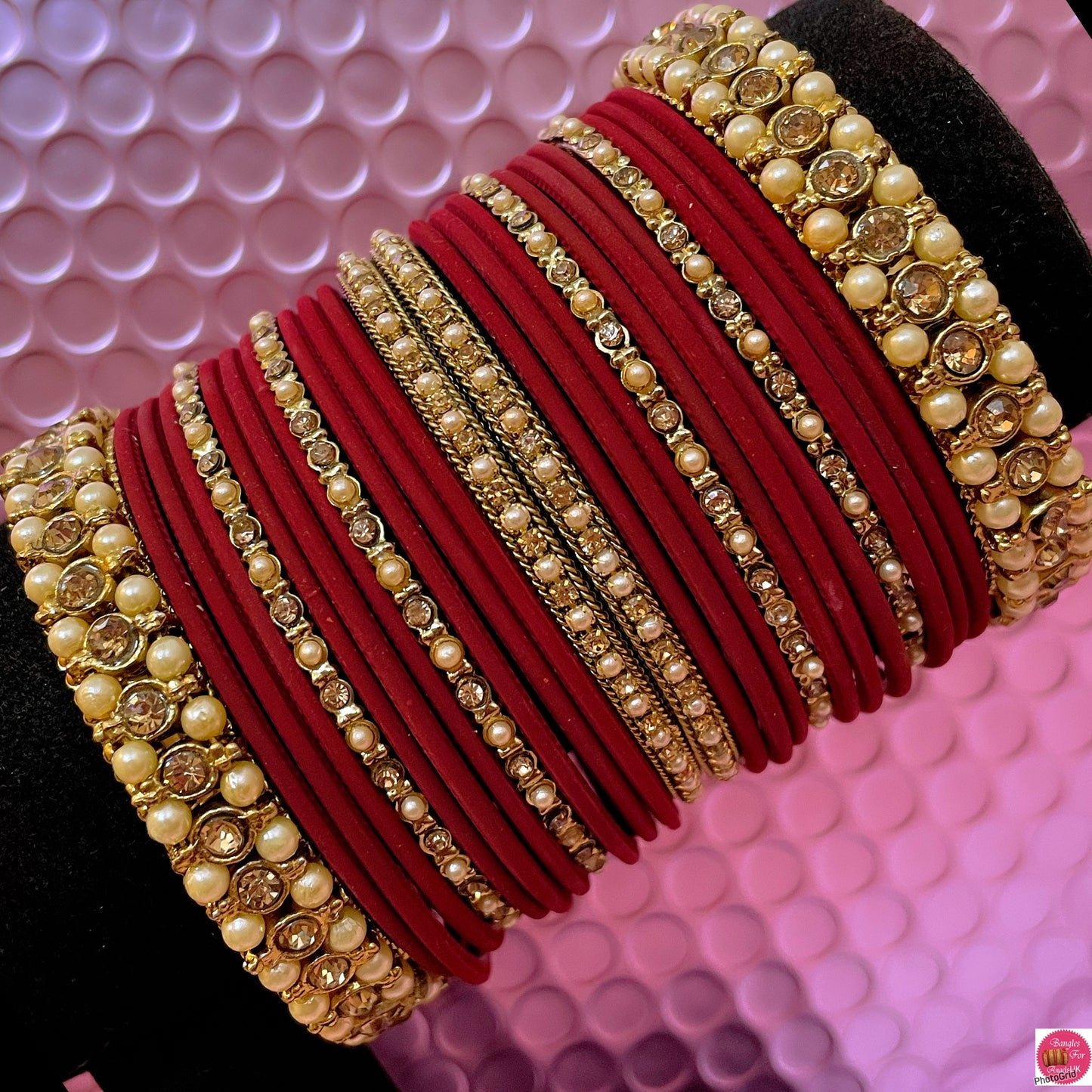 Pearl Gold Metal Bangles Set- Maroon