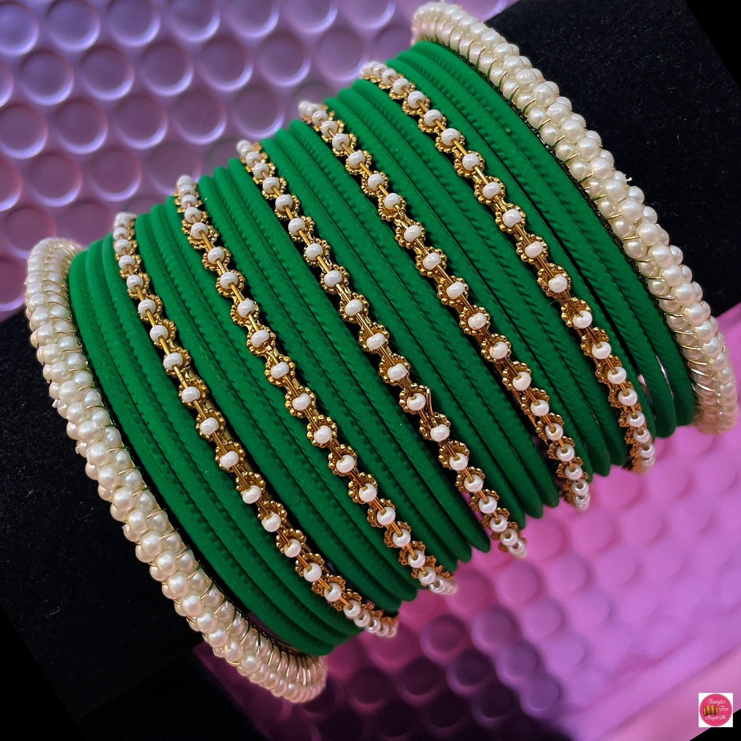 Pearl Metal Bangles Set- Green