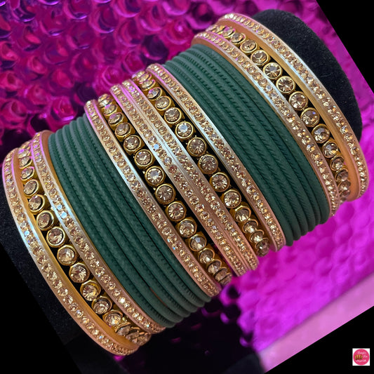 Gold Zirconia Metal Bangles Set- Green