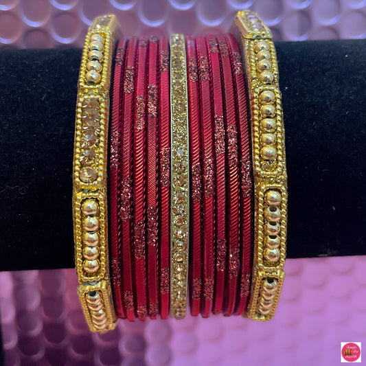 Gold & Maroon Metal Bangles Set