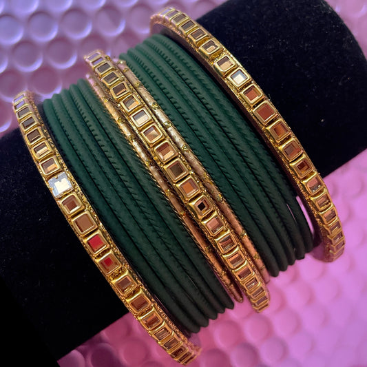 Kundan Metal Bangles Set- Green