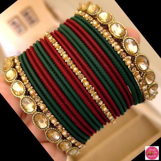 Kundan Metal Bangles Set- Maroon/Green