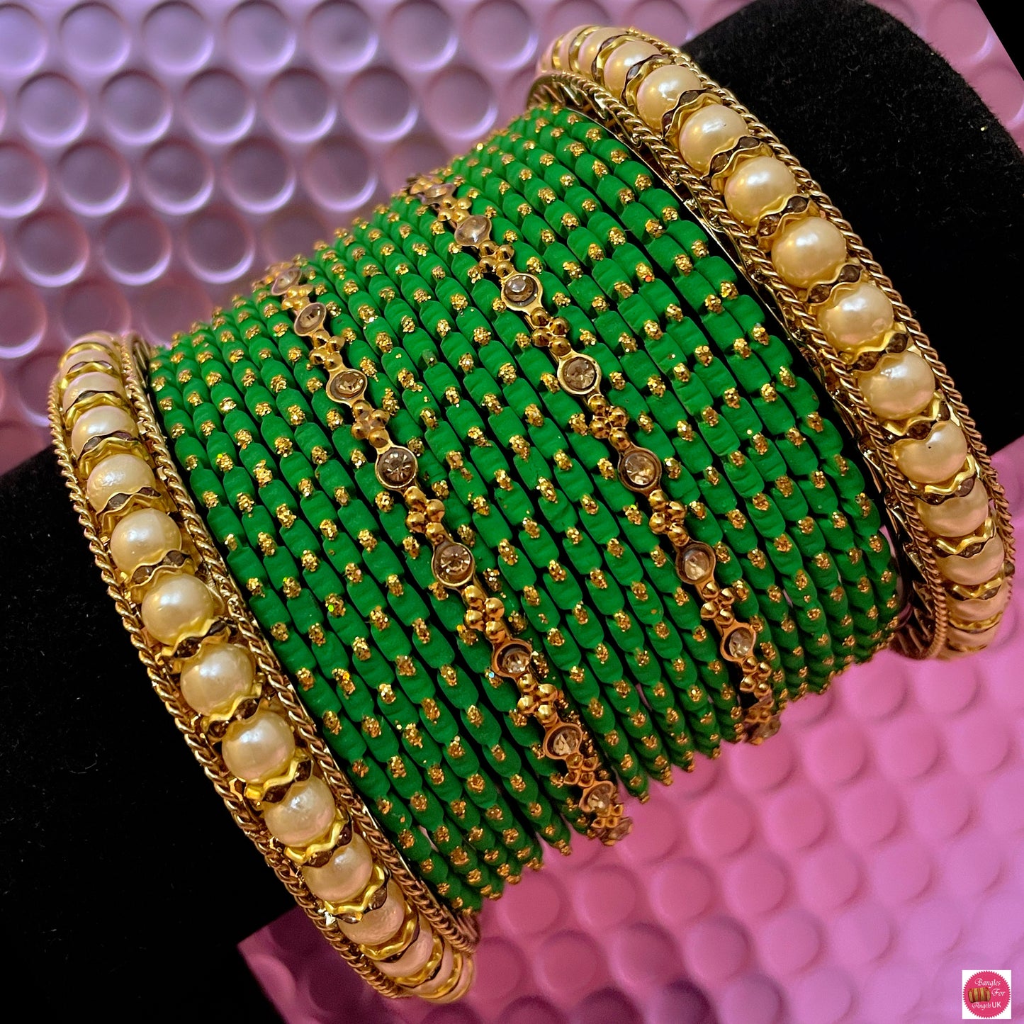 Pearl Metal Bangles Set- Green